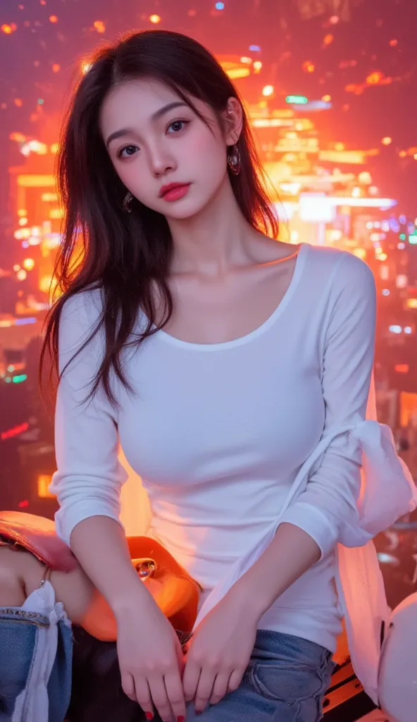 8k ultra HD, masterpiece, pretty girl, detailed eyes, Good face, detailed eyesbrow, Cyberpunk outfit, White Outfit, Cyberpunk, cyberspace, Cyberpunk shining background, neon effects near the city, Spreading Light, Red lighting,  full body capture ,full bod...