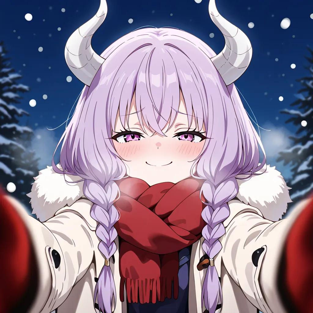 score_9, score_8_up, score_7_up, score_6_up, masterpiece, best quality , 1girl, aura the guillotine, long hair, purple eyes, purple hair, braid,white horns, twin braids, pov cheek warming, pov cheek warming (meme), winter gloves, duffel coat, fur-trimmed s...