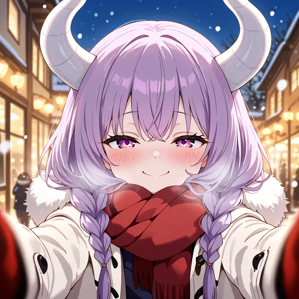 score_9, score_8_up, score_7_up, score_6_up, masterpiece, best quality , 1girl, aura the guillotine, long hair, purple eyes, purple hair, braid,white horns, twin braids, pov cheek warming, pov cheek warming (meme), winter gloves, duffel coat, fur-trimmed s...