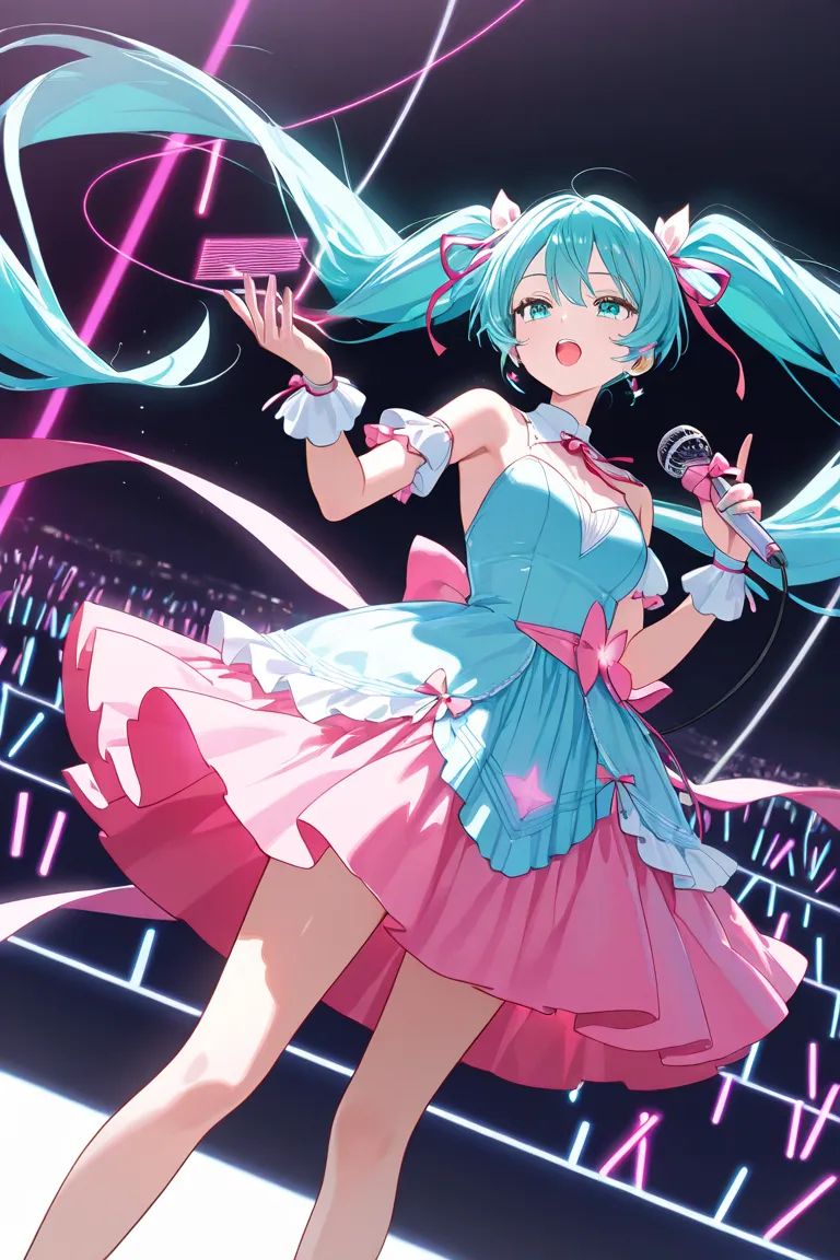 Hatsune Miku standing on a colorful stage with shining lights all around her. She is wearing a gorgeous dress with ribbons floating in the wind, holding a magical microphone in her hand and singing passionately. There are digital music notes floating aroun...