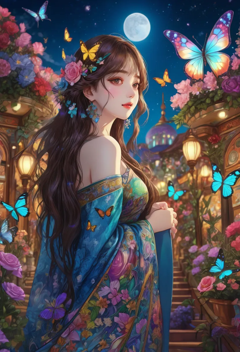 Tarot Cards, beautiful, a girl reading Tarot Cards,smiling girl with no visible hips,beautiful細部,detailed lips on the butt,Tarot Cards,Ancient Tarot Decks,illustrated Tarot Cards,Brilliant Color,mysterious atmosphere, Magic Gardens ,flower blooms,moonlight...