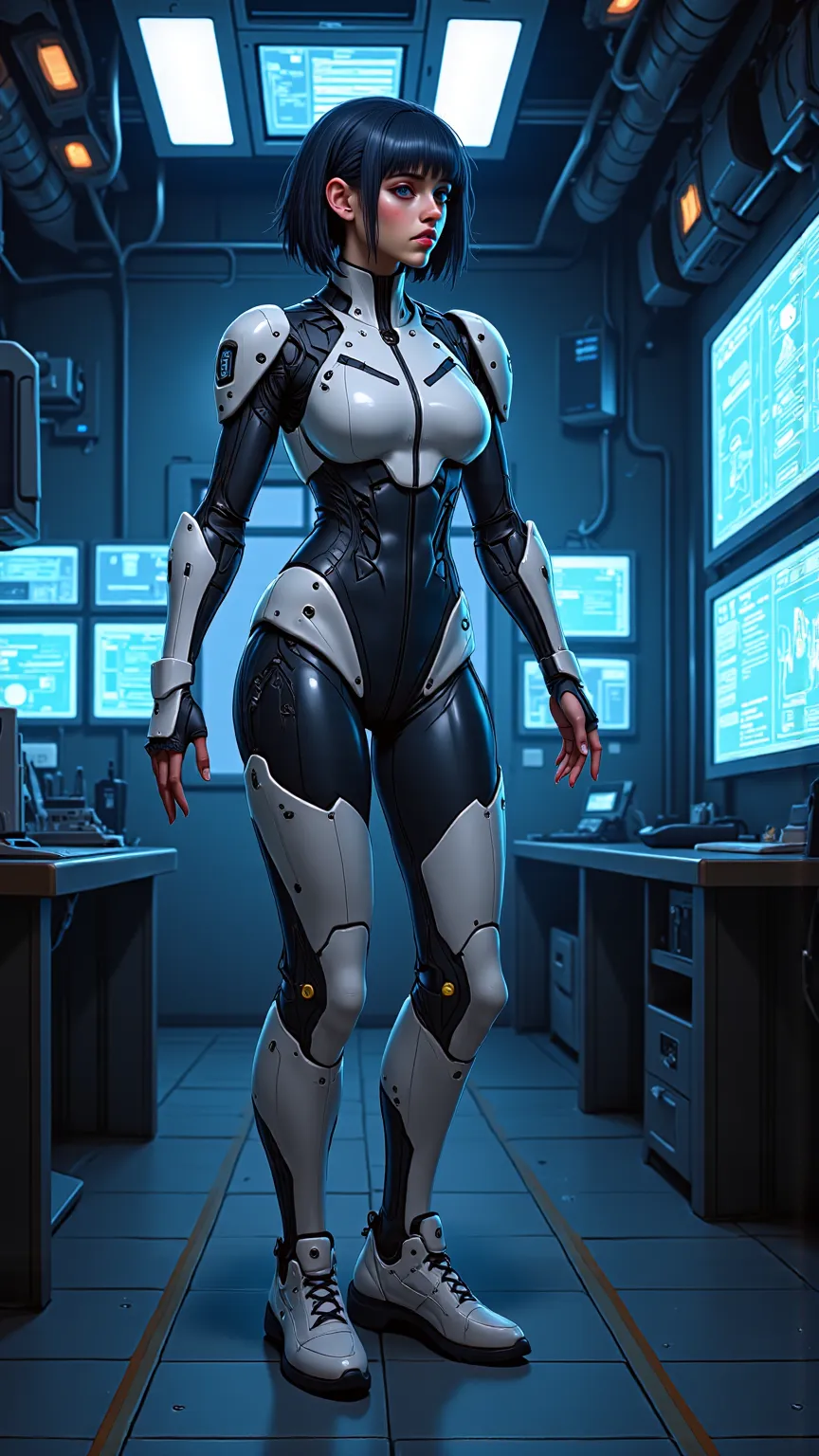 4K anime style image quality,digital drawing mode,A shy and shy engineer,has short dark blue hair and dark gray-blue eyes,wearing Uchigane Nishiki IS combat armor,with white and navy blue exterior armor,standing in an advanced military testing facility,sur...