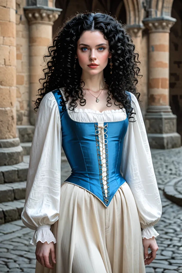 A pale man with big curly black hair, blue eyes and white medieval blouse