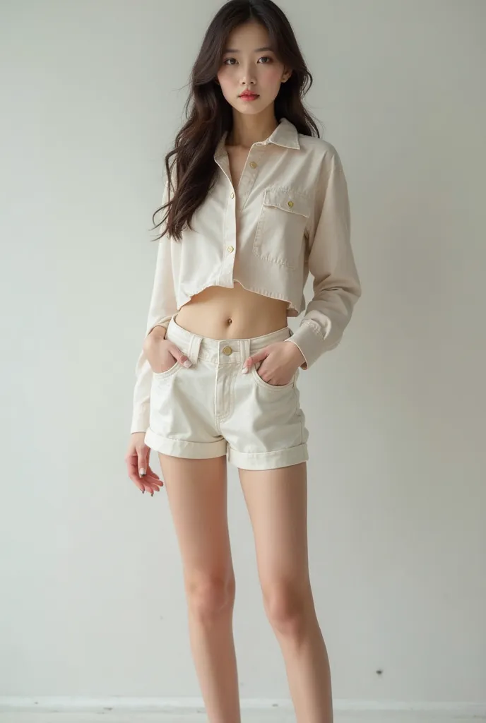  she look beautiful Korean girl she wear  short  shirt and  short  pants that above form teo . and  she   her height is 152 cm  and full body view