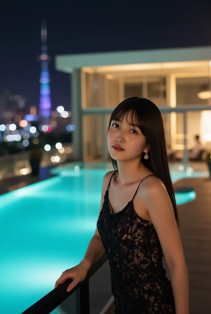 cinematic night photography, ultra-sharp details, fashion editorial style,  
a breathtaking young woman with long, silky brown hair, radiant skin, deep expressive eyes, glossy pink lips,  
wearing a stylish black cocktail dress with intricate details, diam...