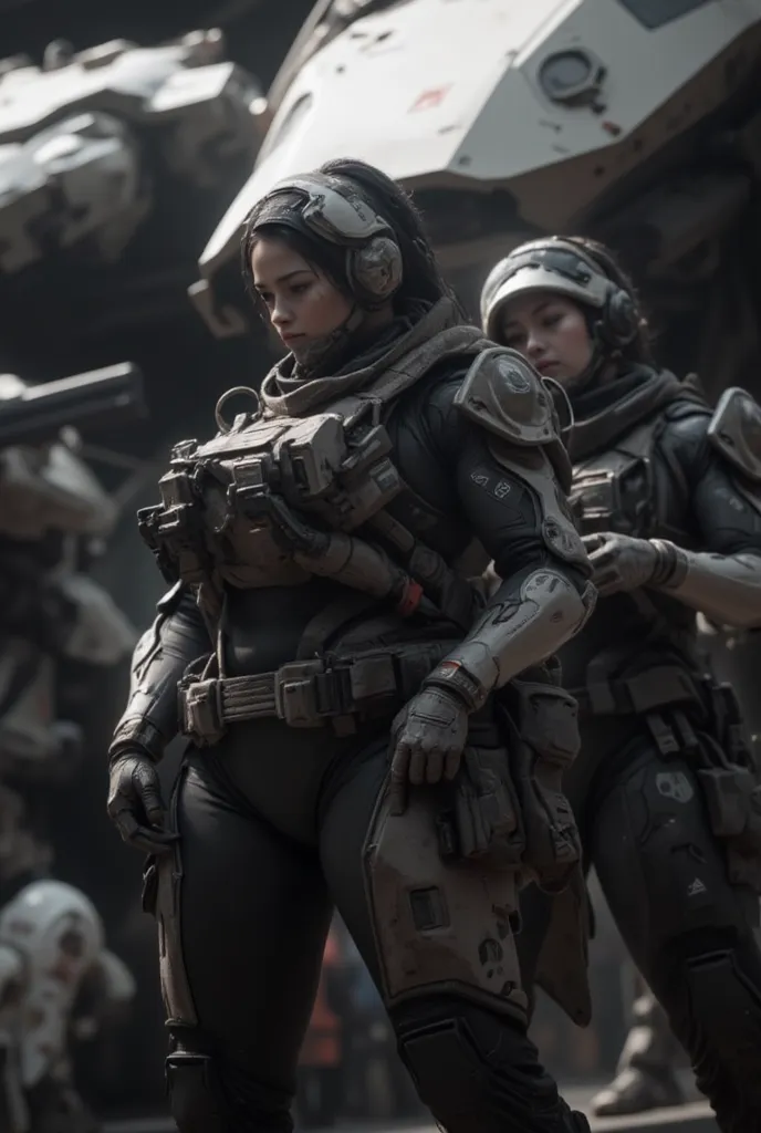 Realistic near future, realistic expression, giant robot weapons like ARMORED CORE are placed in the hangar, beautiful Japanese women of the Allied Special Forces in well-worn heavy battle armor prepare for a sortie, futuristic headgear, accurate and detai...