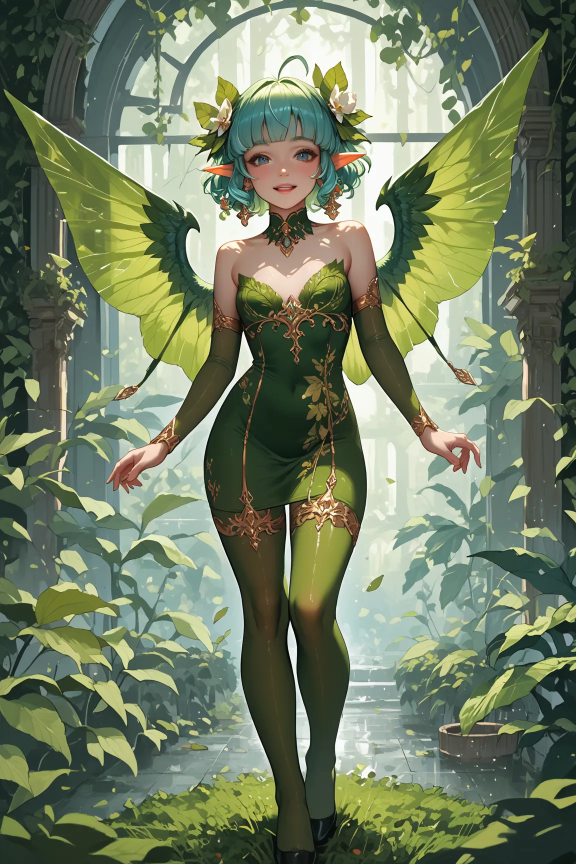 1 little elf, mega sweet,  sexy body ,  wings on her back, Furry, futanari, Is trapped in a large glass, the glass floor is covered with moss and leaves,  background,dark black, from the elf emits a mysterious glow , UHD, Best quality masterpiece, 8k 