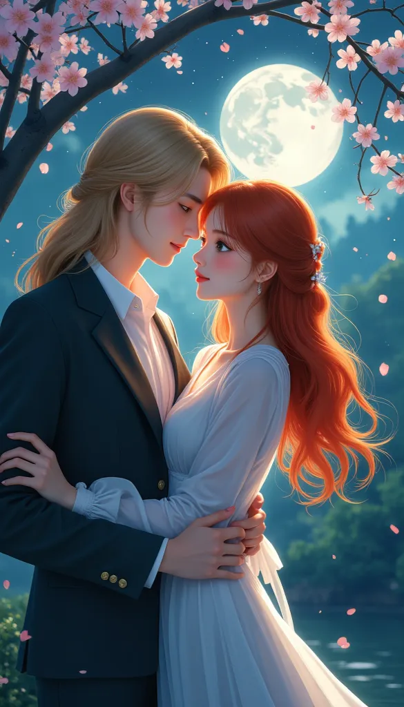 masterpiece, best quality, Extremely Detailed, high image quality, Expensive resolution, High Resolution, realistic, Depth, fine texture, super fine, Total concentration, romantic anime scene, 月明かりの下で hug each other美しいカップル, Red-haired green-eyed woman with...