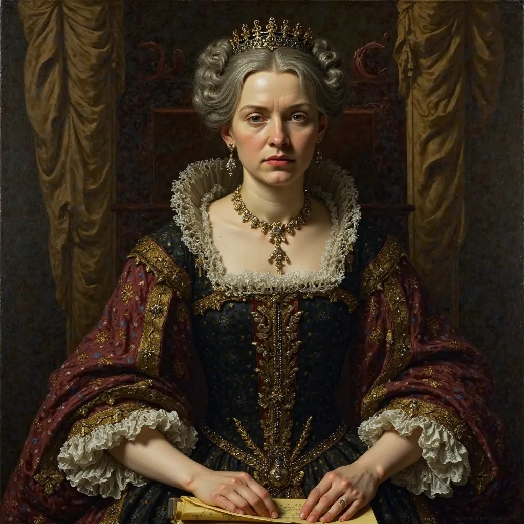 In this portrait, Queen Eleanor I is depicted seated upon a grand throne, her posture regal and dignified. The painting's style is reflective of the early 17th century, where facial features are not as finely detailed, offering a more ethereal and timeless...