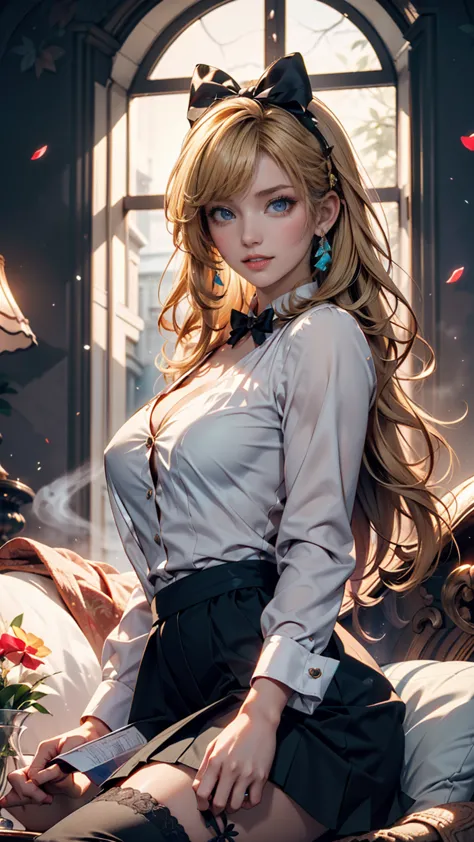 work, best quality, girls, long hair alternative, absurdly long hair, blonde hair, bow hair,  Aqua Eyes, seductive smile, tongue, dark eyes,  long eyelash , Big Breasts, chest rash , white shirt, in black short skirts, shoes, during, hair ribbon, flower ri...