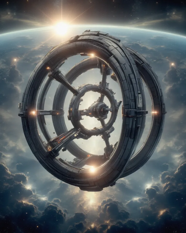 Full, uncut and multidimensional futuristic view of the most advanced technologically, symmetrically positioned sphere of eight ring-shaped space city stations surrounding the planet they orbits.