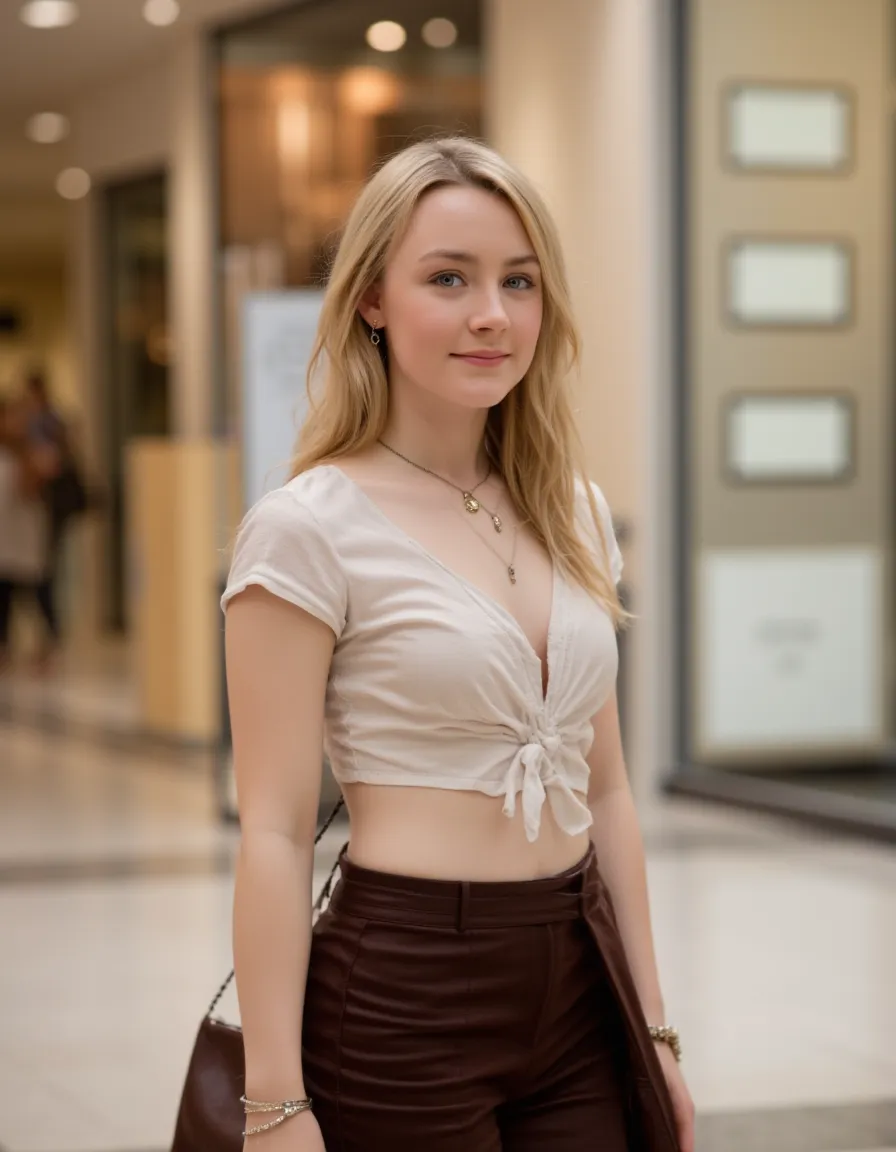 beautiful detailed full body photograph, , cute, youthful, 22 years, stylish modern shoulderfee T- shirt top, nice dark brown skirt,  nice navel jewellry, platin blonde, walking in a beautiful stylish shopping mall,  medium long blonde hair, (((beautiful s...