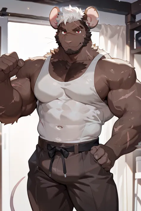  1 boy , alone,  human furry , mouse, Brown Fur, brown and black beard, Dark pattern ,  red eyes, eyes with scars, White hair, Brown and black hair tips,Brown eyebrows，Sturdy ，Muscular。
Pharmacist 。
Left hand on waist, stands, Confident Gesture,
 masterpie...