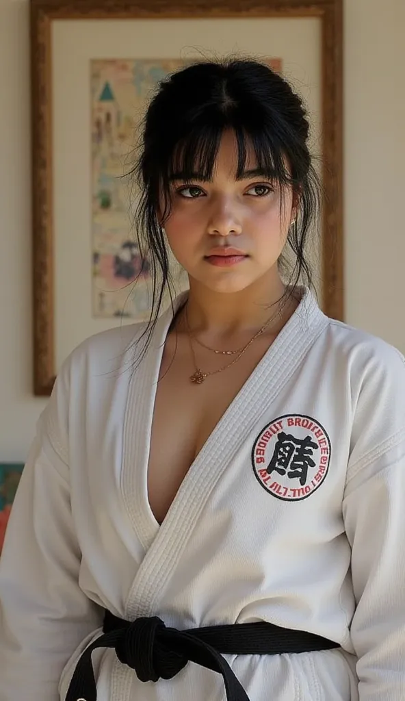 （（ big breasted))、((( front open shirt))、(((Empty-handed)))、(  black hair)、(blunt bangs)、( short hair)、( wet hair)、(Women&#39;s Karate:1.6)、(( sweaty))、( Glowing Skin )、((Serious))、(( blanking))、(((Karate Dojo)))、((Delicate Paintings ))，iman Vellani, 1M4N,...