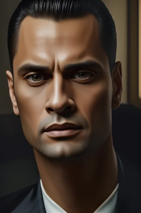 gorgeous matte oil portrait painting ,  mob boss on his 30-year-old New York office desk, Wonderful, highly detailed masterpiece, Beautiful Cinematic Light Deep Focus, elegant, Digital Painting, suave, sharp focus, golden ratio, dramatic lighting, ultra re...