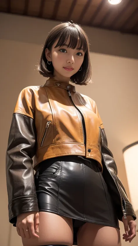 ((細身のキャメル色のcropped leather jacket:1.1、closed jacket:1.3))、((Camel-colored leather flare skirt))、tights、blonde hair、 layer style、short bob hair、smile、 gorgeous earrings、bracelet、turns her gaze、Big Breasts、(stand in front of a plain dark colored wall)、greate...