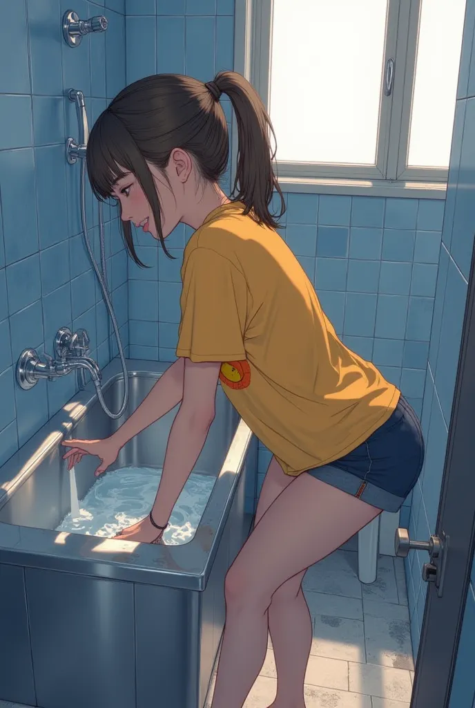 A young Asian girl, positioned slightly to the left of center, is in a bathroom. She is leaning over a stainless steel bathtub,  wearing a bright yellow t-shirt with an orange fruit design and dark shorts. Her brown hair is tied up in a ponytail. She has a...