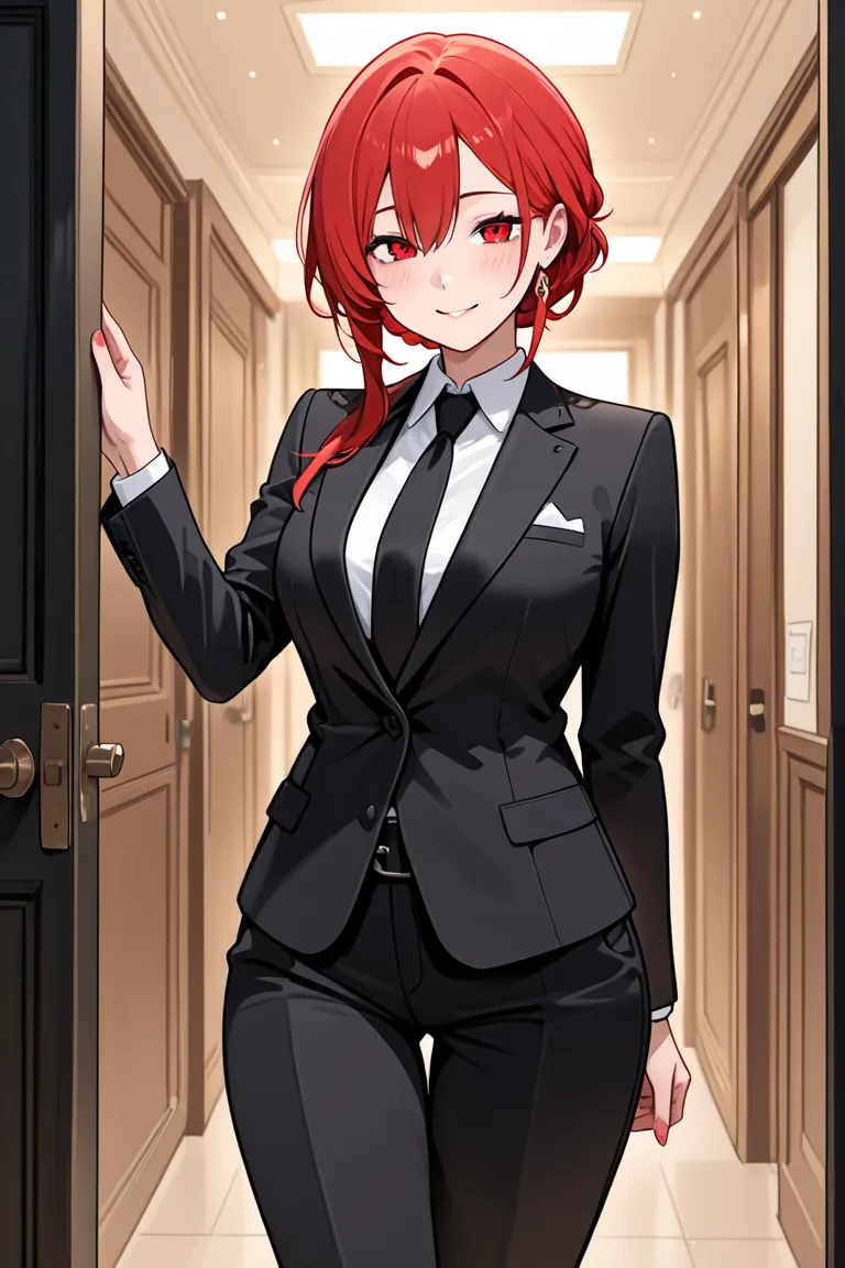 Woman with red eyes and red tweets. She is standing wearing a black suit and tie. Her eyes are raised, and she is a villain who looks down at her partner with cheeky eyes and laughs..