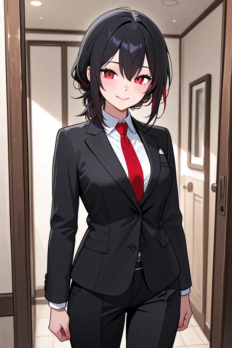 Woman with red eyes and red tweets. She is standing wearing a black suit and tie. Her eyes are raised, and she is a villain who looks down at her partner with cheeky eyes and laughs..