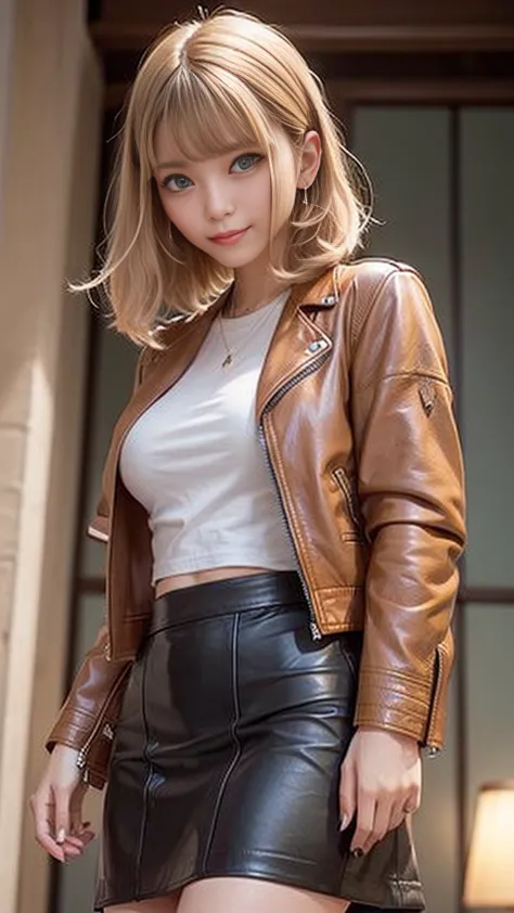 ((細身のキャメル色のcropped leather jacket:1.1、closed jacket:1.3))、((Camel-colored leather flare skirt))、tights、blonde hair、 layer style、short bob hair、smile、 gorgeous earrings、bracelet、turns her gaze、Big Breasts、(stand in front of a plain dark colored wall)、greate...