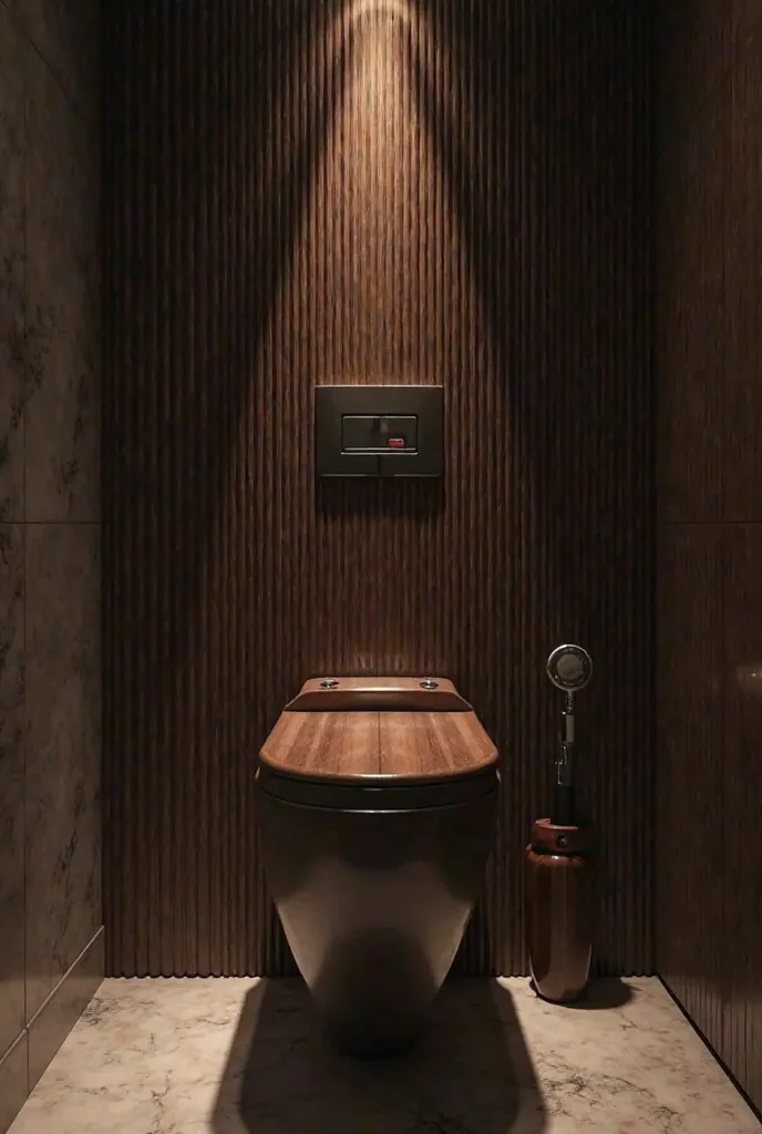 I want a bathroom design in which the back of the toilet, is made ribbed in the evening, where the dark wood color is in the foreground 