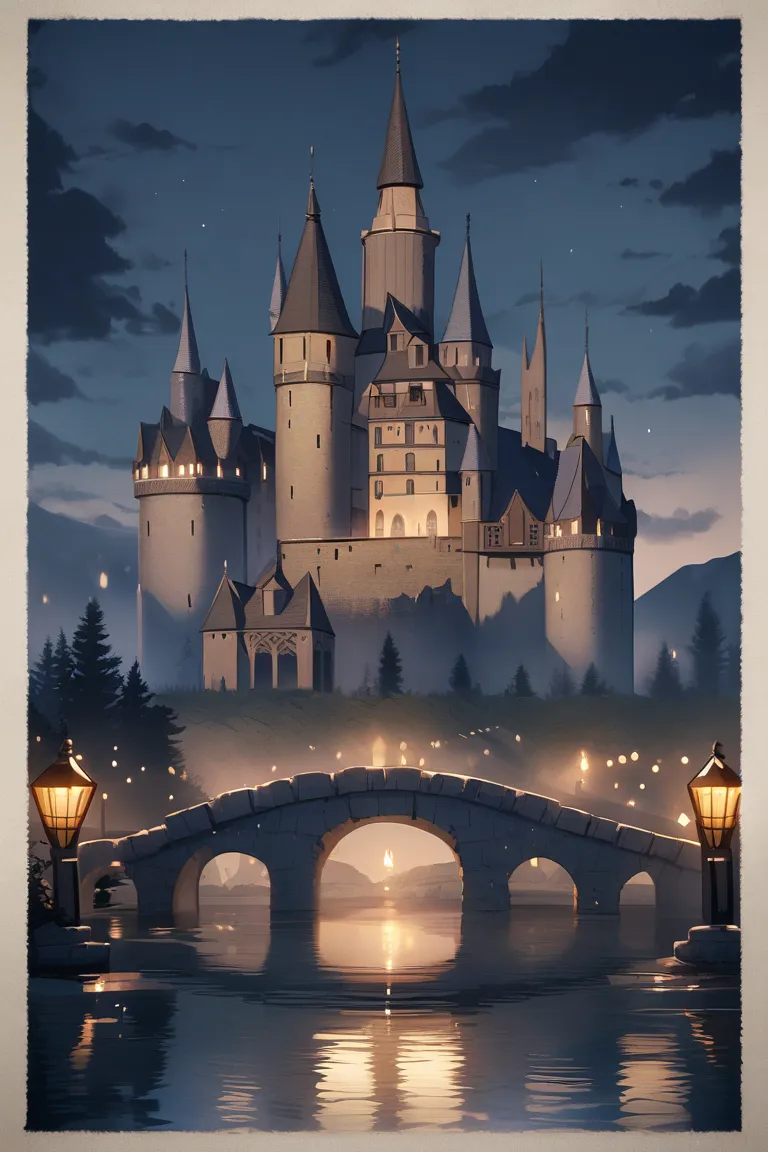 medieval Europe stylish castle lake night 1 bridge highest image quality