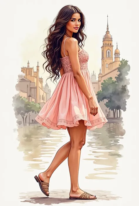  fashion sketch watercolor illustration, side view, full body portrait of a beaufiful voluptuous pakistani young woman , open backless sidleless strapless soft pakistani slippers, from indian subcontinent, full lips, light brown skin, , long curly hair,  s...