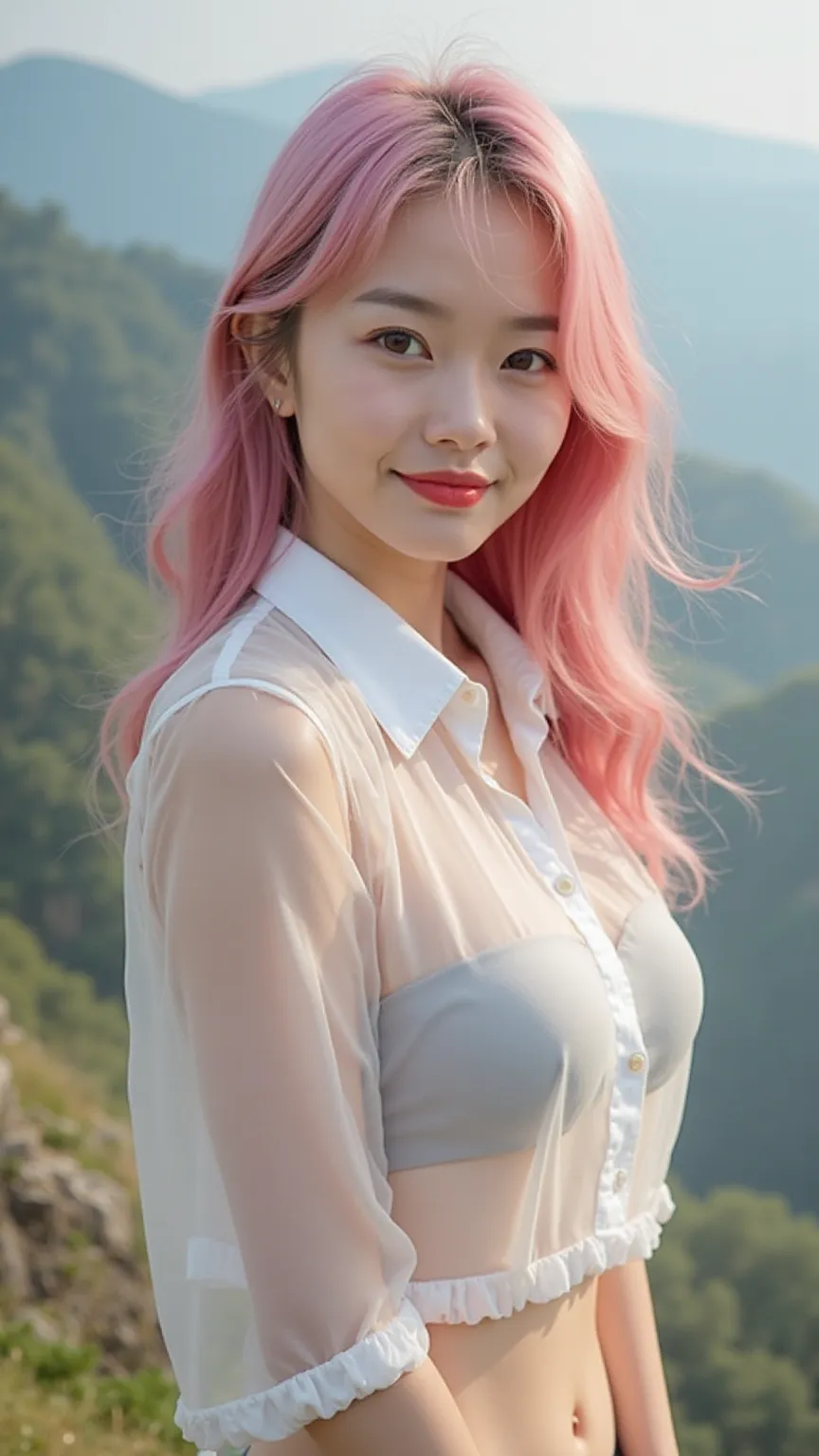 Young Japanese woman with a thin face, Beautiful face, cabello largo,  Chinese hair, pink hair, expressive eyes, Ruby blue eyes, flirtatious look, thin mouth, thin mouth, lipstick, Smiling lips with flirtatiousness, big breasts, firm breasts, huge breasts,...