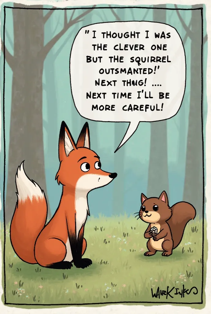 The fox sighs and shakes its head.
Fox: "I thought I was the clever one, but the squirrel outsmarted me! Next time, I’ll be more careful!"
The fox walks away, still hungry, while the squirrel happily munches on its food from a safe distance.