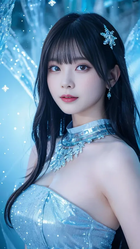 "masterpiece, best quality, advanced details, High Resolution, 1 person, Divine Being, Divine Magic, Ice Goddess,  standing in a frozen wilderness ,  Her presence brings eternal winter . Her Eyes, center, Shining with the sparkle of glacier water,  reflect...