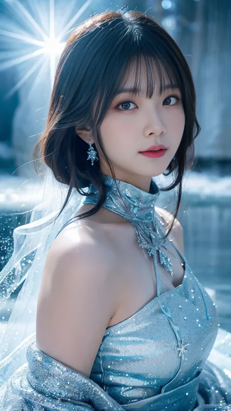 "masterpiece, best quality, advanced details, High Resolution, 1 person, Divine Being, Divine Magic, Ice Goddess,  standing in a frozen wilderness ,  Her presence brings eternal winter . Her Eyes, center, Shining with the sparkle of glacier water,  reflect...