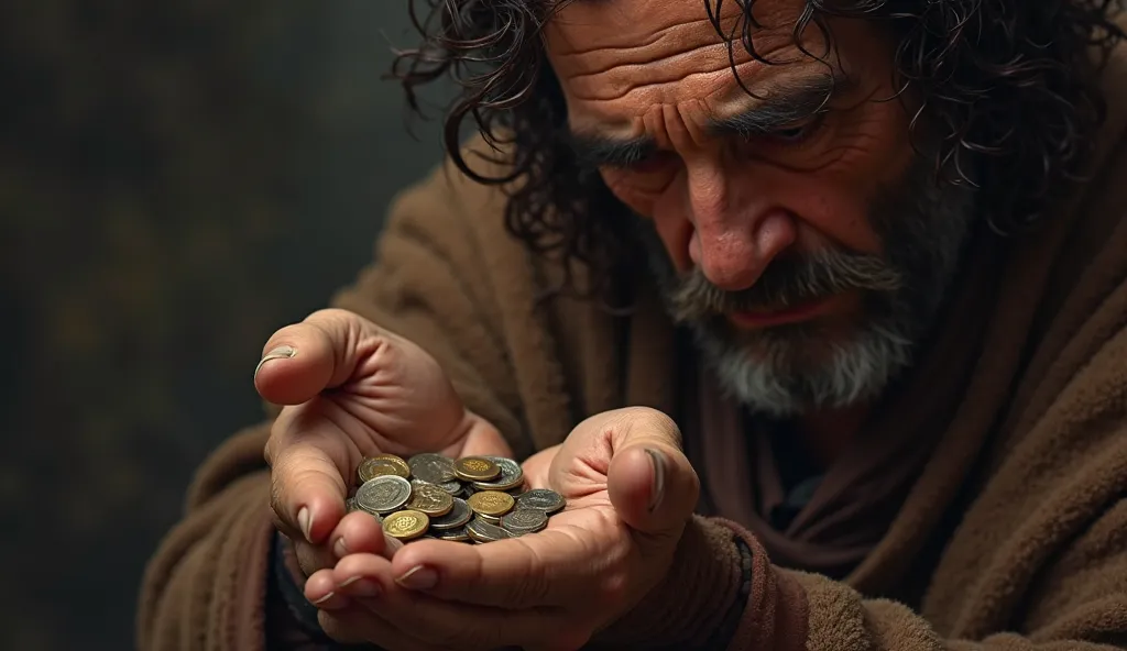 Judas holding the coins: Um close dramático das mãos de Judas holding the coins,  with an expression of internal conflict and guilt .