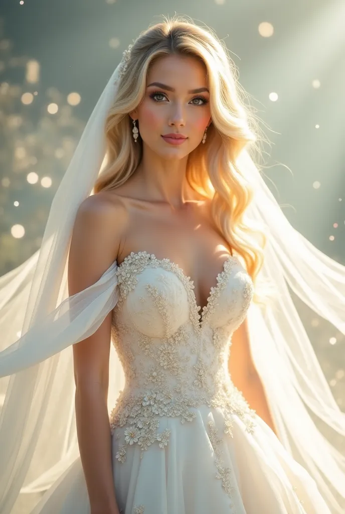 Generate  me an image in along wedding dress and long blonde  hair in hairstyle