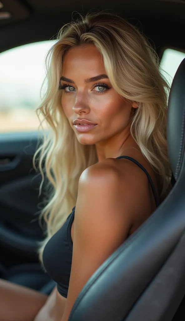 White woman with a beautiful figure with blond hair, with fine facial features. Extremely attractive with charm.super sexy in a sporty car