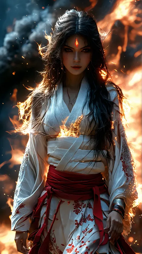 Live Wallpaper 4K High Definition, Long Haired Girl With Fire, His Body Is Flames, He Stands In Front Of The Fire, Samurai Warrior Guardian In Red And White Kimono, Realistic Human, CG Animation, Mana, Indian Warrior, Unreal Engine, High Performance, Scary...