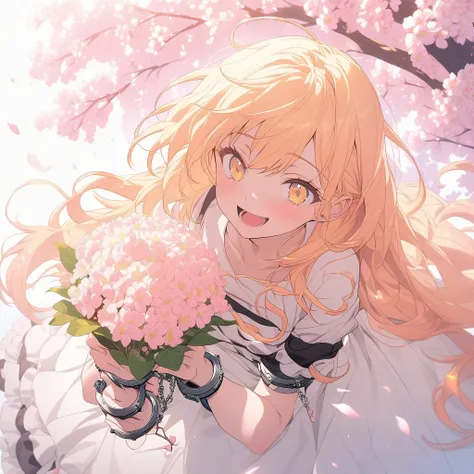 {{masterpiece:1.2, best quality:1.3,masterpiece, extremely fine and beautiful:1.5,highly detailed:1.5}},(lolita: 1.3),  1girl , {orange long hair, yellow eyes, wearing a striped prison uniform}, holding a large bouquet of flowers, happy expression, mouth w...