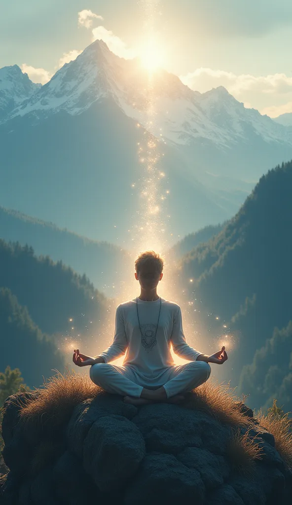 Image of a person meditating with glowing light around them – A figure meditating on a mountaintop or nature setting with a glowing, peaceful aura, representing mental clarity and emotional release.
