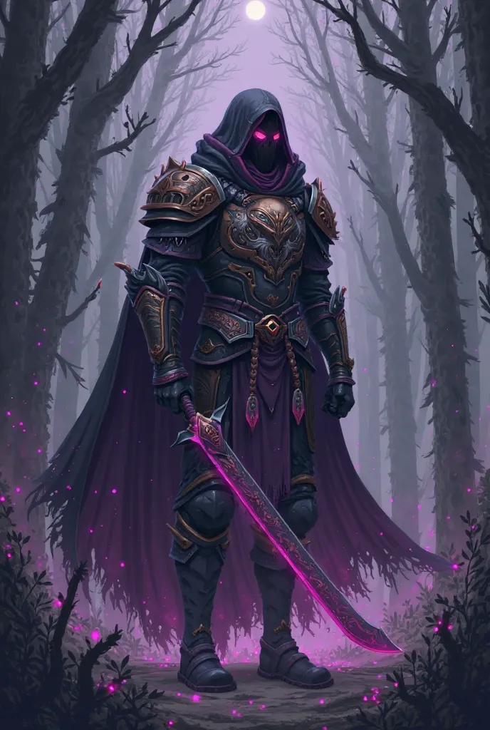  Character Name : unloss

Tür: Legendary warrior
Themes: Purple and black in the forest. a skull  "unloss" a place where there is a written sign. 
Appearance : impoverished, An imposing human. He wears a worn but powerful battle armor. He has a long cloak ...