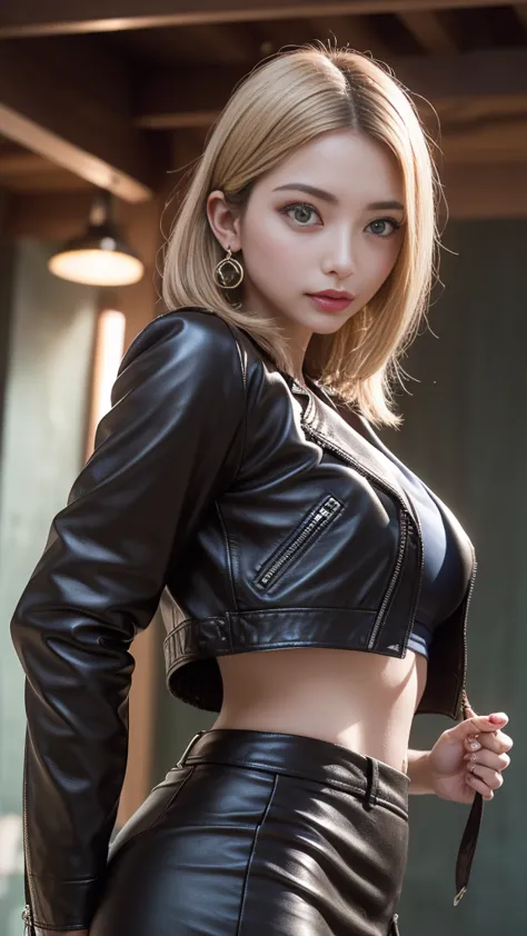 ((細身のキャメル色のcropped leather jacket:1.1、closed jacket:1.3))、((Camel-colored leather flare skirt))、tights、blonde hair、 layer style、short bob hair、smile、 gorgeous earrings、bracelet、turns her gaze、Big Breasts、(stand in front of a plain dark colored wall)、greate...