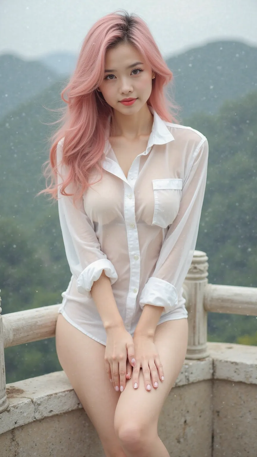 Young Japanese woman with a thin face, Beautiful face, cabello largo,  Chinese hair, pink hair, expressive eyes, ruby blue eyes, flirtatious look, thin mouth, thin mouth, lipstick, Smiling lips with flirtatiousness, big breasts, firm breasts, huge breasts,...