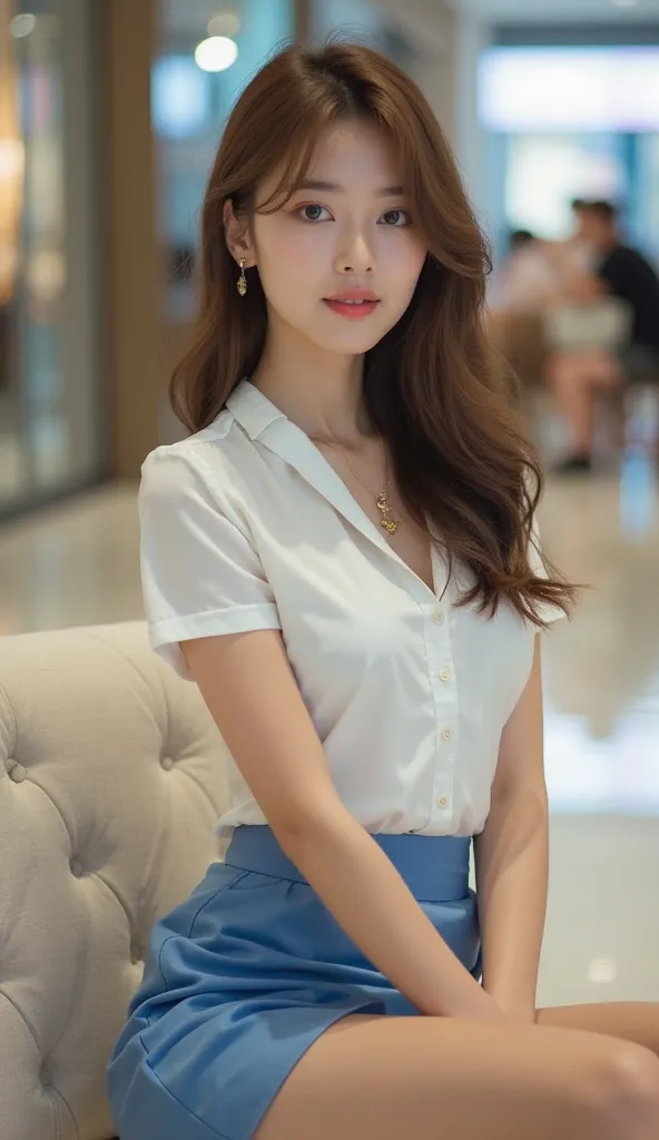 Photo of a young woman, early adolescence, Asian, cute face, dark eyebrows, very fair skin and body, good complexion, brown hair, straight hair to shoulder length, she stares at the camera, seductive eyes, open mouth, beautiful breasts, wearing a short-sle...