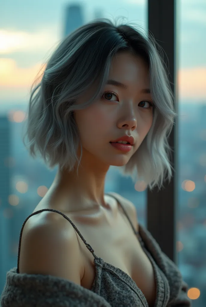 A young and beautiful supermodel from Japan, pale skin, pretty face,  bob cut with perm on the tips, silver hair ,  Miyawaki Sakura face ,  Half Body Shot ,  art portrait pose , Shot at 35mm ,  in Gelk , excited expression,  Super realistic ,  's natural s...