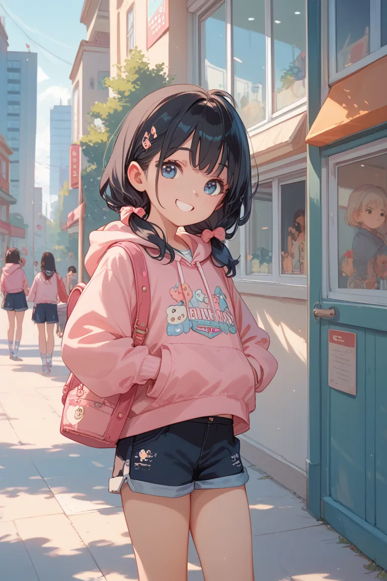 Alone, pretty girl,  black hair, low twin tail, Age 10,  elementary school student, Pink hoodie, shorts, Dating in the city , smile, 