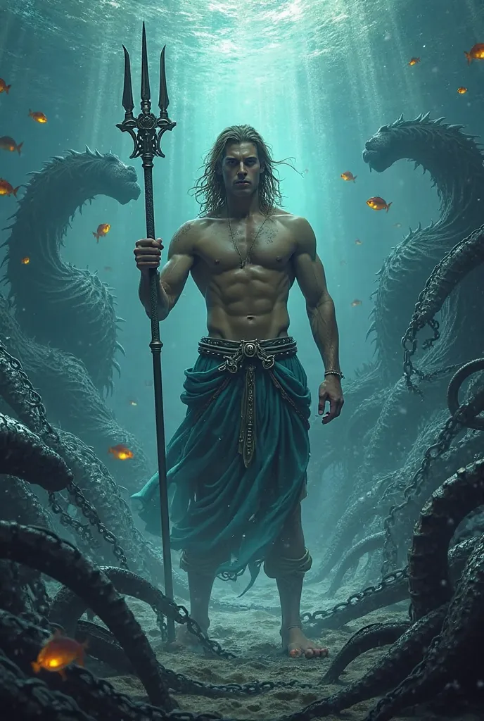  deep sea , myth, Holding a three-pointed trident, young Poseidon, 30 years old, Chaining Sea Monsters.