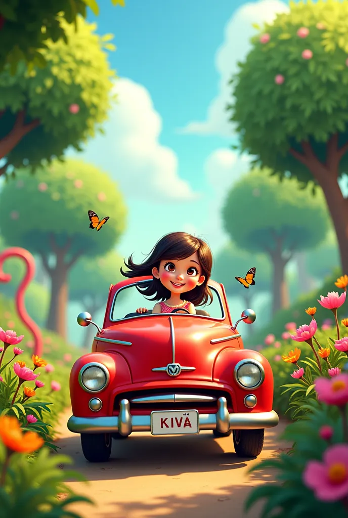  and girl driving their red car on the garden animation video