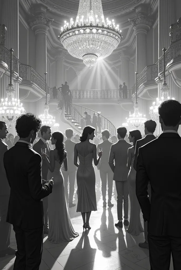 Anime cartoon images. Inside a royal party. Black and white image, far angle 