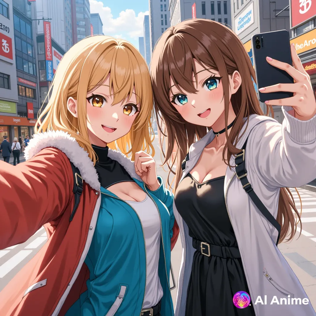 Anime, two happy female friends standing and taking selfie in crowded city