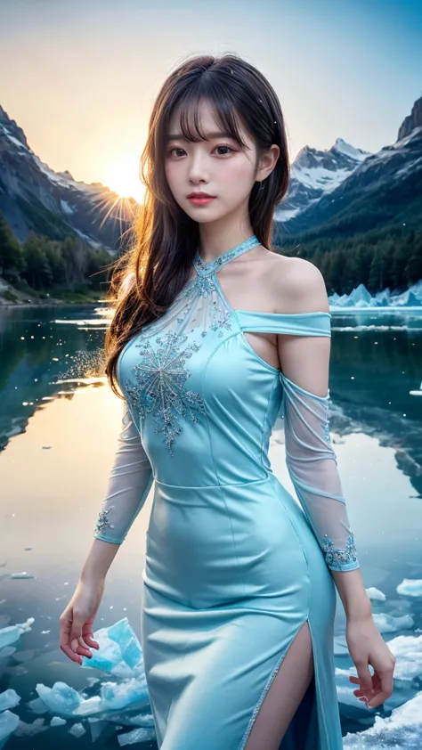 "masterpiece, best quality, advanced details, High Resolution, 1 person, Divine Being, Divine Magic, Ice Goddess,  standing in a frozen wilderness ,  Her presence brings eternal winter . Her Eyes, center, Shining with the sparkle of glacier water,  reflect...