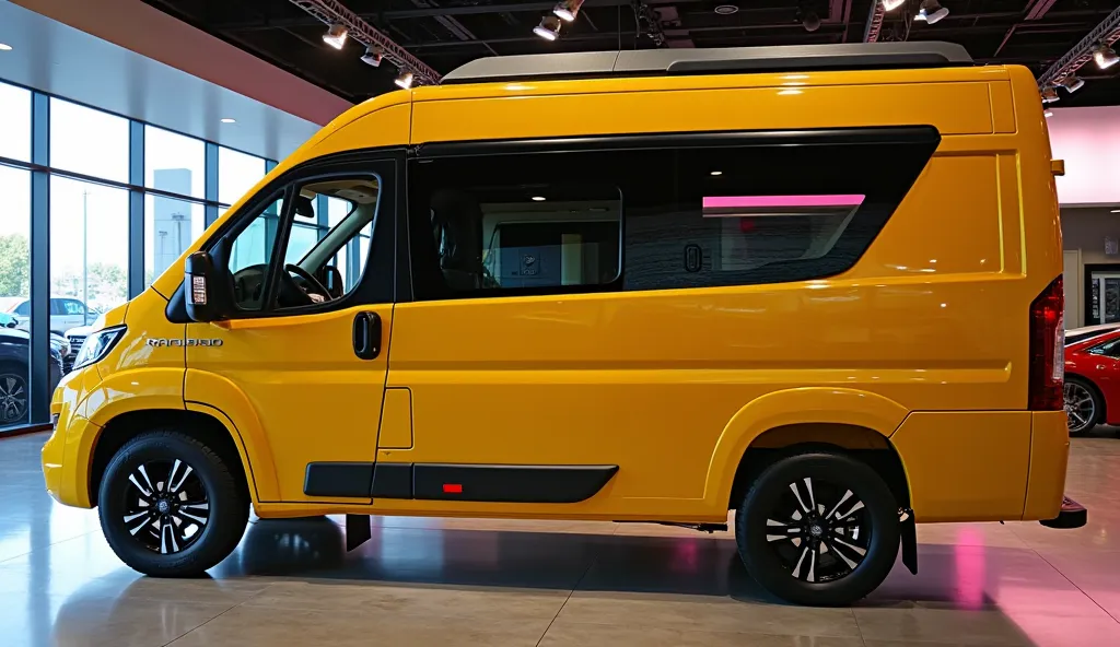 back side side view back of Rapido 606 F Camper van in Glamy yellow mix colours taking in luxurious Showroom 