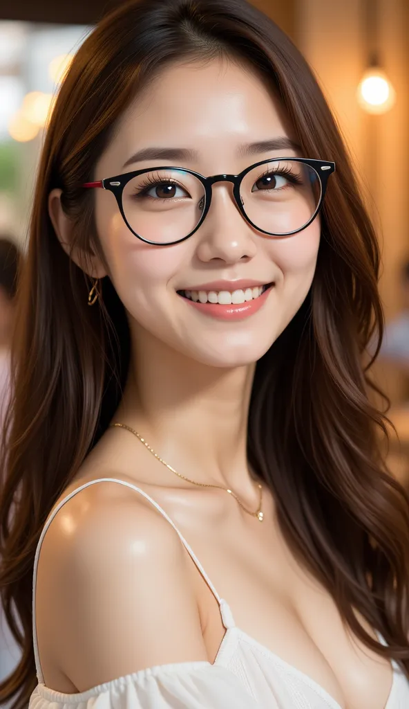 A young asian woman with long, wavy brown hair cascades past her shoulders, framing her delicate face with a soft elegance. Her almond-shaped eyes, accentuated by long, naturally curled lashes, shine with warmth and curiosity behind a pair of stylish black...